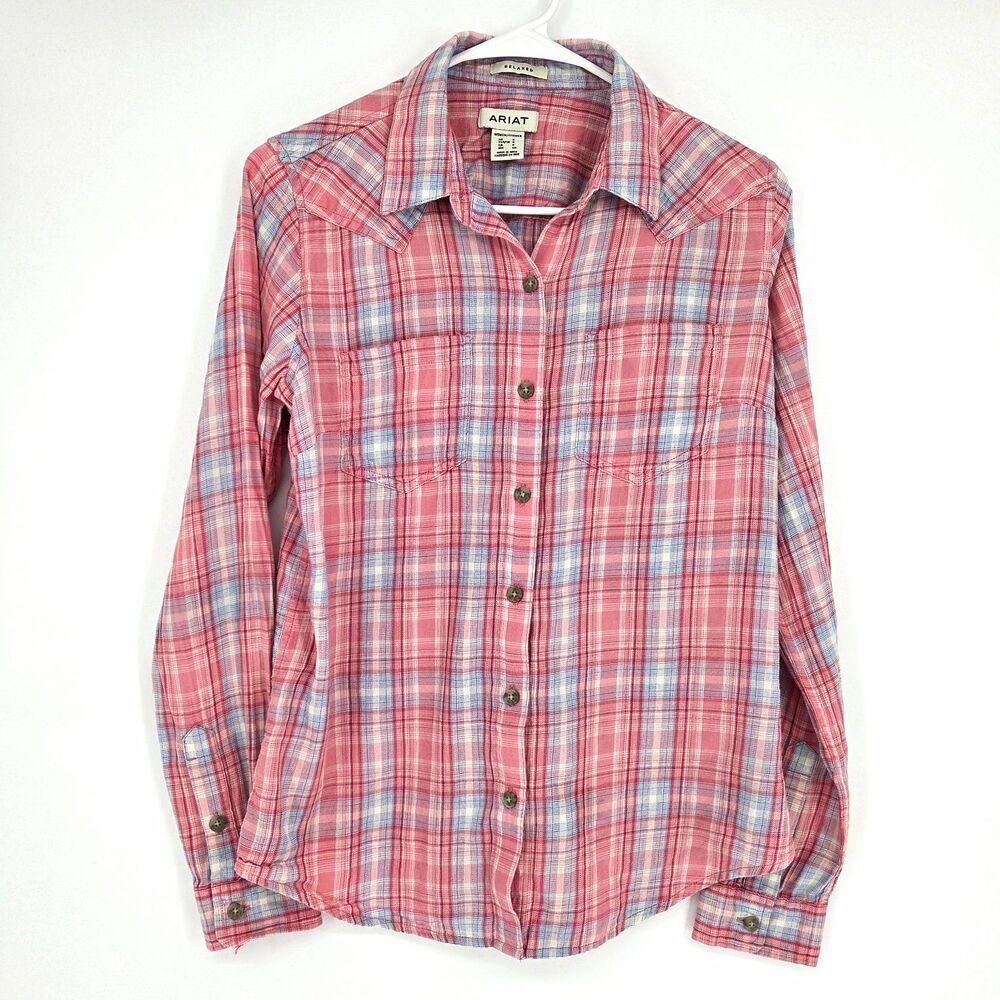 Ariat Women's Relaxed Pink Blue White Plaid Button-Up Cotton Shirt Small Western